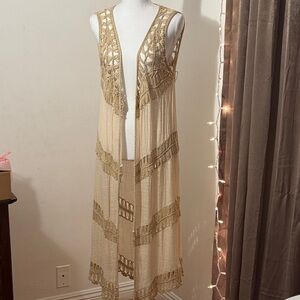 Elan Bohemian Chic Crochet Cream and Tan Long Vest Beach Cover Up Large